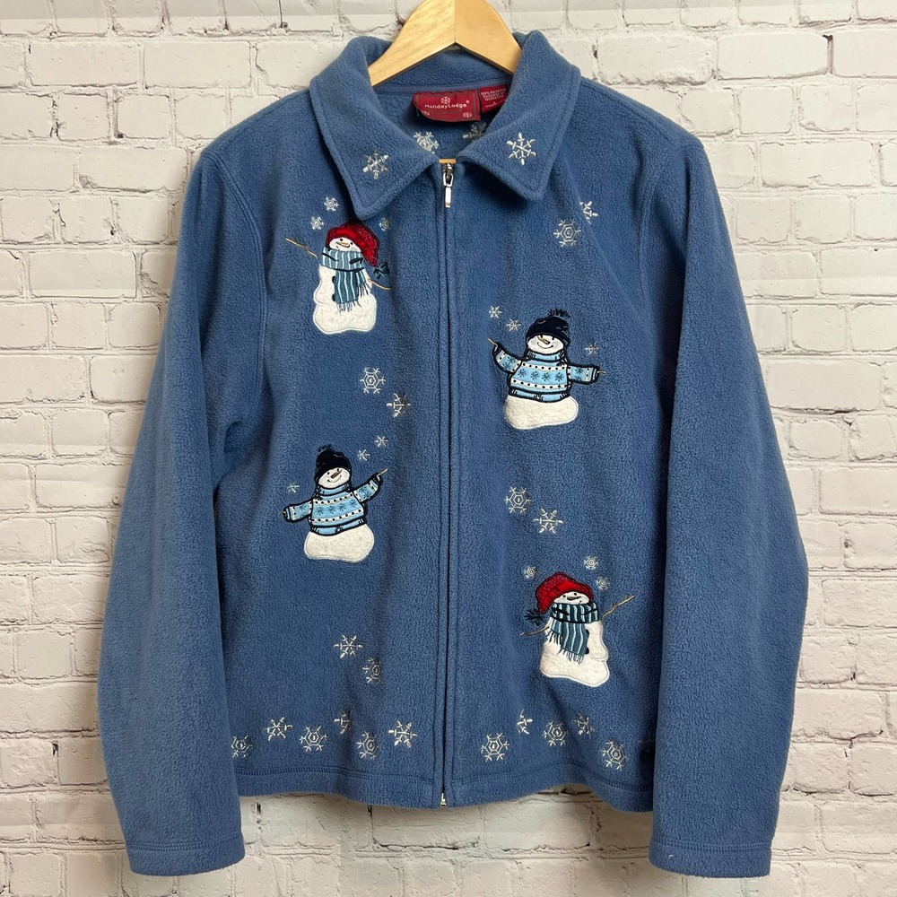 Holiday lodge by Northcrest Full Zip Embroidered Snowman Snowflake Fleece Jacket
